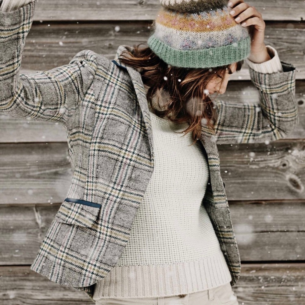 Womens Plaid Wool-Blend Blazer Jacket - Gray Plaid